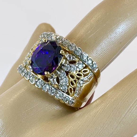 Jewelry - Vintage Amethyst Ring Sterling Silver: Gold Vermeil CZs Ring Band Size Purple